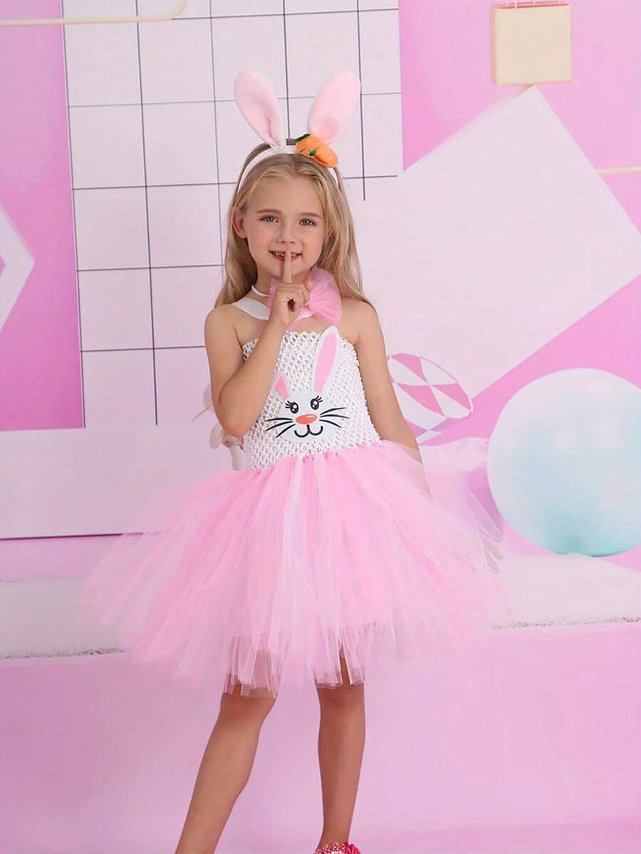 Easter Costume Bunny Tulle Dress And Headband Set For Cosplay Party Holiday Outfit - 粉色 - 查看 1