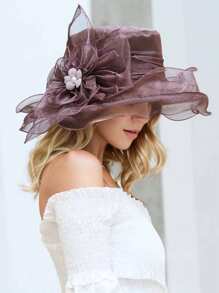 Elegant Women's Sun Hat With Floral Sheer Veil, Wavy Brim, Wide Brim Summer Outdoor Hat - Multicolor - View 3