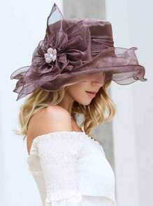 Elegant Women's Sun Hat With Floral Sheer Veil, Wavy Brim, Wide Brim Summer Outdoor Hat - Multicolor - View 12