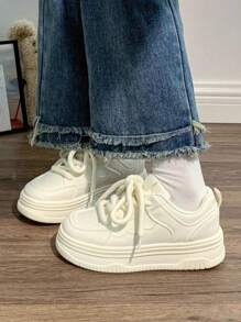 2025 春季新款厚底白色运动鞋，女士学生跑步运动休闲鞋 - 米色 - 查看 1