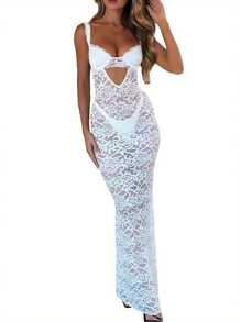 Women Summer Long Cami Dress Sleeveless Backless Sheer Lace Floral Hollow Out Party Dress