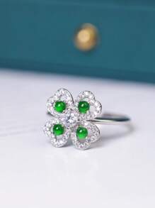 1 pieza Anillo de jade con incrustación de plata diseñada, en forma de trébol, cabeza de flor giratoria, incrustada en plata de ley 925, jade natural, gema natural, baño de oro, con caja de regalo, regalo festivo, joyería de calidad, brillante y elegante, joyería creativa, elegante moda para mujer, regalo de boda, cumpleaños, uso diario para mujer - Plateado - Ver 4