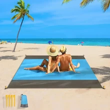 1pc Extra Large Waterproof And Sand-Proof Beach Blanket With 4 Stake Corners, Foldable Beach Mat Suitable For 4-7 Adults - Quick Dry, Sand Proof Picnic Pad For Travel, Camping, Hiking - Lightweight Polyester Fabric, Suitable For All Season Outdoor Recreation, Outdoor Beach Accessories | Leisure Outdoor Mat | Lightweight Pad Beach Essentials