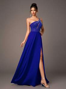 1pc Women's Elegant Luxury Backless High Slit Halter Maxi Evening Dress, Formal Gown Suitable For Formal Occasions, Parties, Festivals, Weddings, Galas, Party Dress, For Wedding Guest - Navy Blue - View 4