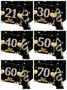 1pc Black Gold 21st & 30th & 40th & 50th & 60th & 70th Birthday Disposable Table Runner, Balloon Star Pattern Happy Birthday PE Table Cover, 21st & 30th & 40th & 50th & 60th & 70th Happy Birthday Party Decoration Table Cloth