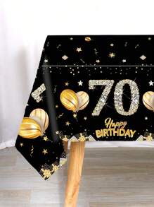 1pc Black Gold 21st & 30th & 40th & 50th & 60th & 70th Birthday Disposable Table Runner, Balloon Star Pattern Happy Birthday PE Table Cover, 21st & 30th & 40th & 50th & 60th & 70th Happy Birthday Party Decoration Table Cloth