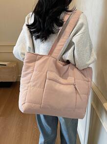 Bolso de tote acolchado de unicolor minimalista, esencial para primavera/verano. Ligero y práctico, con gran capacidad, con bolsillos, correa para el hombro, cierre con cremallera, doble correa para el hombro y un llamativo bolsillo para el brazo, adecuado para ir al trabajo, la escuela, de compras y almacenamiento. - Rosa Pálido - Ver 3