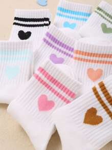 10双装白色儿童袜子，心形双条纹图案，男女通用透气短袜，日常基本款 - 彩色 - 查看 3