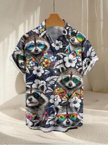 Men's 3D Raccoon Print Shirt With Glasses For Summer - Multicolor - View 2