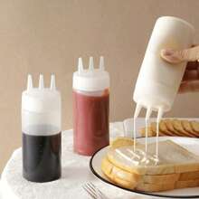 1 pieza, Botella exprimible, Botella de salsa, Botella exprimible de condimento, Botella exprimible de condimento de 3 orificios, Ensalada, Barbacoa, Hornear, Camping, Utensilios de cocina Botella de aderezo para ensalada, salsa de tomate, condimento - Blanco - Ver 4