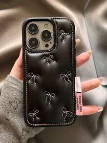 Korean Ins-Style Fashion Leather Embroidered Bow-Knot Cell Phone Case Compatible With  16 Pro Max,  15 New Women's Model,  14 High-Grade Niche 16 Anti-Fall 15 Pro 14 Pro Protective Cover 13 Waterproof Shockproof Scratch Resistant