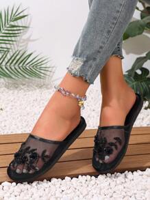 2025新款手工串珠细网眼一脚蹬拖鞋，适合室内外穿着