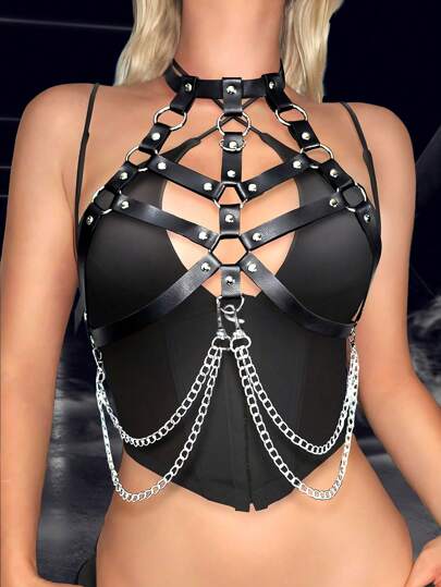 1pc Women's Renaissance Accessories Dark Sexy Halter Front Criss-Cross Chest Multi-Layer Chain Strap, Suitable For Halloween Party Or Daily Wear