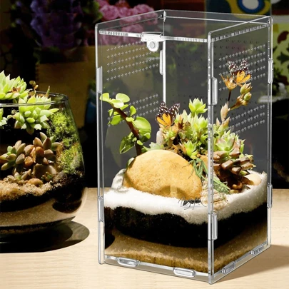1 件透明亚克力爬行动物喂食容器，亚克力爬行动物饲养箱，昆虫栖息地容器，适用于无脊椎动物、蚂蚁、蜘蛛、蟋蟀、蜈蚣、蜥蜴、蝎子、壁虎