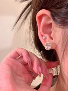 ESBERRY 1 对闪耀 925 纯银古典浪漫方形耳钉女士珠宝承诺耳环精美珠宝礼物送给女孩婚礼派对装饰 - 金色 - 查看 3