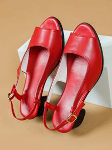 Women's Soft Leather Open Toe Chunky Heel Sandals, Summer