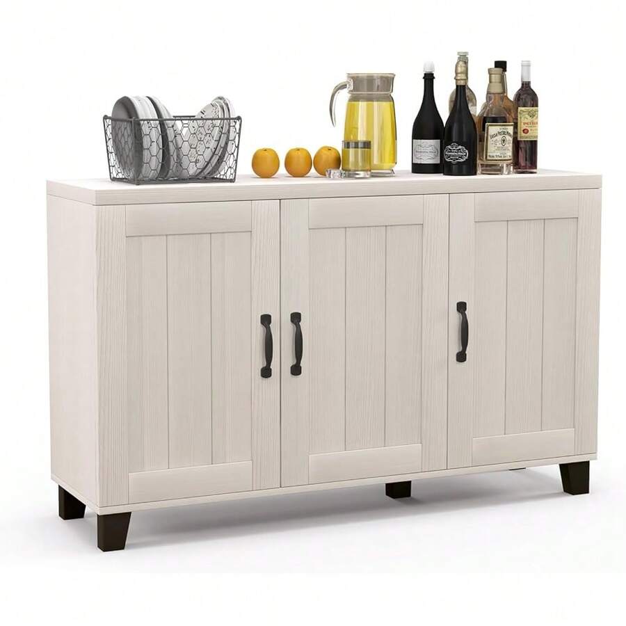 2025 New Giantex Buffet Cabinet  Storage Cboard - 3 Door Sideboard  Adjustable She, Cable Management Hol, Anti-Tipping Kits, Coffee Bar Console Cabinet For Living Room (Whitewash)