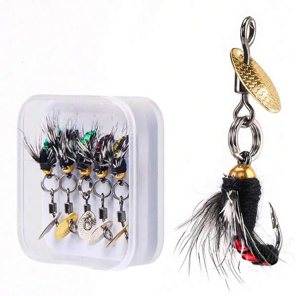 Set de 5 señuelos de pesca con moscas con diseño de insectos, moscas y lentejuelas, con caja