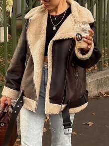 Women Oversized Sherpa Lined Leather Jacket Faux Suede Fleece Shearling Coat Winter Biker Aviator Jacket Overcoat - Brown - View 1