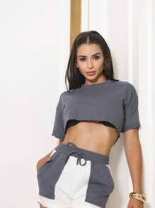 Women's Sweatshirt Set: High-Waisted Shorts And Cropped Top Sweatshirt 2024 - Light Grey - View 2