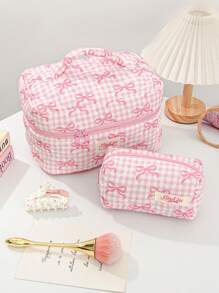1 Peça Bolsa de Cosméticos Quadriculada Rosa para Mulher, com Zíper e Portátil, Fashionável e Fofa com Grande Capacidade, Acolchoada, Adequada para Armazenamento de Cosméticos, para Presente de Aniversário, para Dia da Mãe, Conjunto de Viagem de Estilo Doce