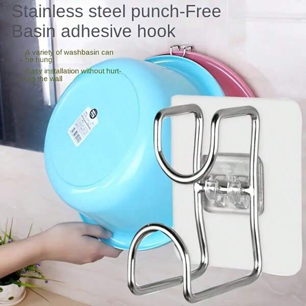 Set de 4 ganchos de acero inoxidable para lavabo, estante de almacenamiento montado en la pared sin perforación, ganchos de utilidad de fácil instalación, perchero de metal para organización del baño y la cocina