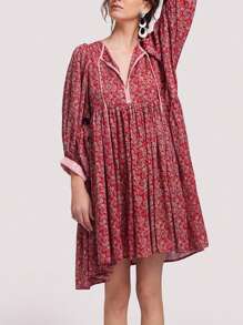 Women Summer Floral Tunic Dress Loose Tie-Up V Neck 3/4 Sleeve Empire Waist Short Mini Dress - Red - View 3