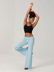 Women Elastic Wide Leg Pants Casual Cute Striped Print Folded Waist Trousers For Work Office Streetwear