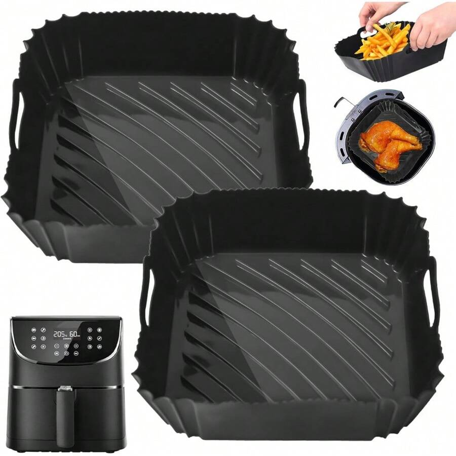 2 Piece Silicone Mould Reusable Heat-Resistant Non-Stick For Oven Air Fryer Microwave Oven, Airfryer Accessories Reusable Airfryer Silicone Mould, Silicone Mould Hot Air Fryer For Hot Air Fryer, Silicone Mould For Hot Air Fryer, Airfryer Accessories - Black - View 1