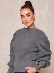 Women's Winter Cold Weather Puff Sleeve Princess Long Pleated Knit Sweater Top - 灰色 - 查看 3