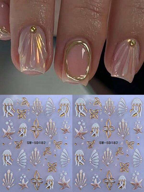 2 peças 5D Adesivos de Arte de Unhas de Cristal Em Relevo, Concha Branca, Estrela do Mar, Flor com Borda Dourada, Decoração de Unhas Autoadesiva DIY Oceano, Decalques, Acessórios de Manicure para Unhas de Verão, Unhas de Praia, Unhas de Férias