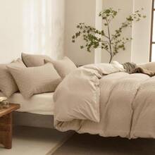 JELLYMONI Khaki Duvet Cover Queen Size - 3 Pieces Soft And Breathable Microfiber Knitted Jacquard Waffle Weave Striped Comforter Cover With 8 Corner Ties & Zipper Closure