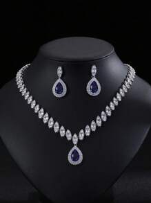 1 套 3 件女士时尚经典锆石水滴项链和耳环套装，适合晚会和日常佩戴