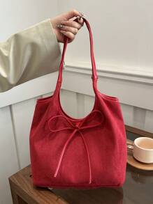 1PC Vintage Suede Casual Shoulder Handbag, Letter Embossed Bow Decoration Drawstring, Large Capacity - Black - View 7