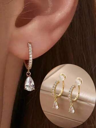 1 Pair Of New Fashionable Copper Water-Drop Zirconia Earrings For Women Non-Pierced Ear Clips Silicon Ear Jewelry Teacher's Day/Mother's Day Gift