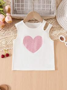 2pcs/Set Young Girls Heart Print Hollow-Out Camisole And Multi-Layer Ruffle Hem Skirt Set - White - View 5