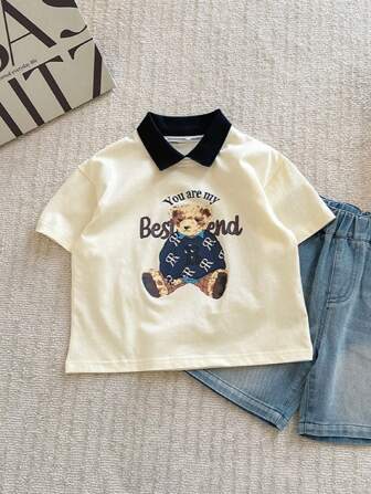 Camiseta de manga corta con cuello polo para niño, estilo británico 2 en 1, para verano