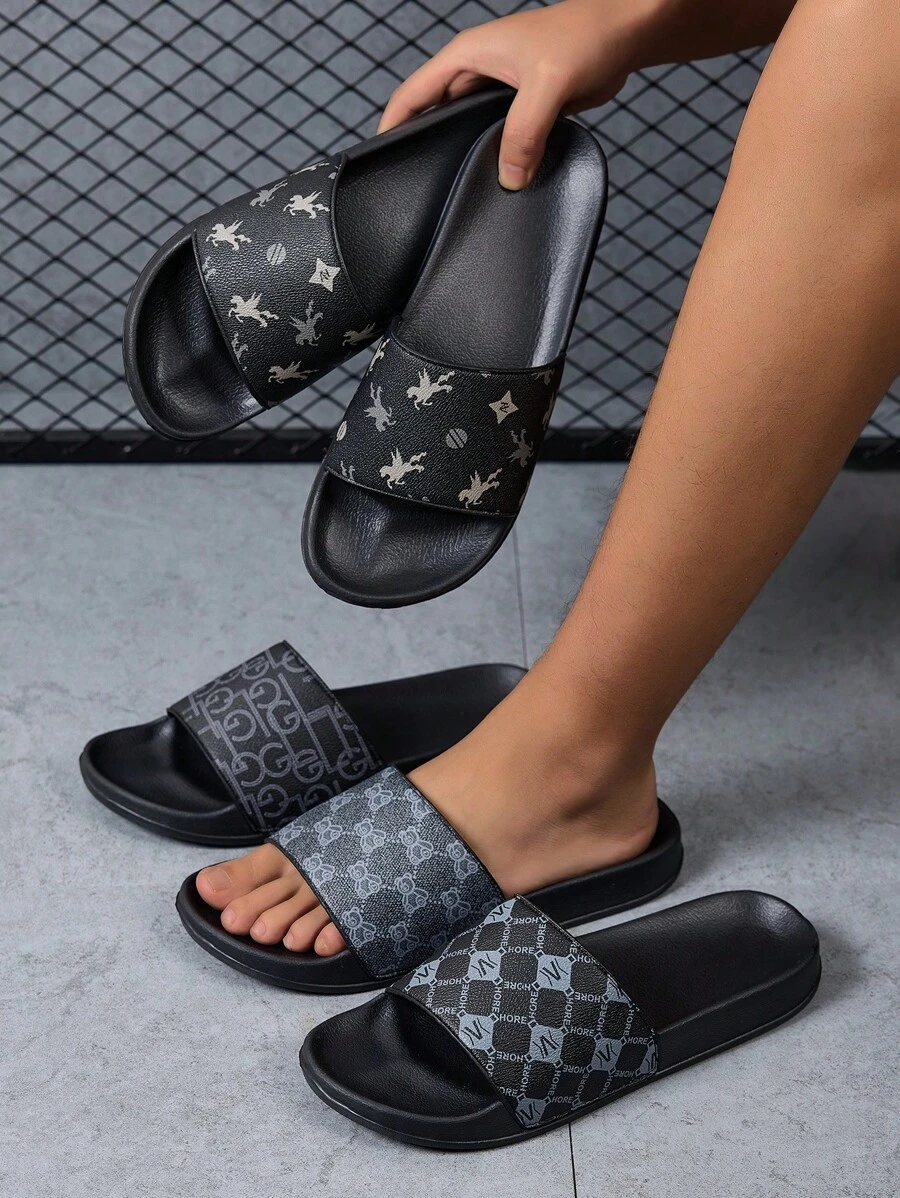Men's New Arrival High Elastic Anti-Slip Bottom Casual Indoor Slippers With Elements, For Parks, Streets And Beaches - Black - View 1