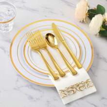 800pcs Gold Plastic Plates White Disposable Wedding Plates With Gold Rim Include 100 Gold Dinner Plates, 100 Gold Salad Plates, 400 Silverware, 100 Napkins, 100 Cups Perfect For Party & Wedding(Black Gold, White Gold, Glitter )