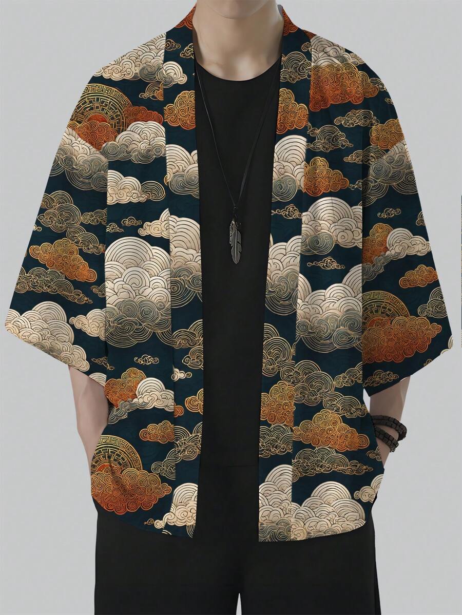 男士金色云朵图案和服服饰、休闲沙滩衬衫