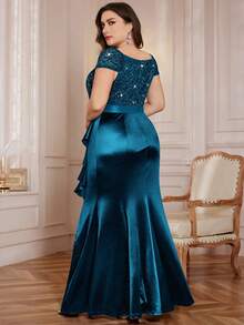 Plus Size V-Neck Contrast Color Lace Sequin Patchwork Ruffle Hem Satin Evening Dress, Suitable For Wedding Guest, Gala, Valentine's Day, Birthday, Homecoming, Graduation, Holiday Occasions Elegant Summer - Dusty Blue - View 2