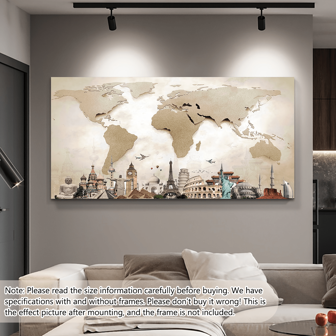 1 件复古世界城市风光帆布海报 - 带有标志性地标的艺术地图绘画，非常适合现代客厅、卧室、办公室、咖啡厅墙壁装饰、办公室艺术品 | 复古帆布 | 帆布材质、帆布墙艺术，带或不带框架