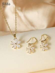 Hihho 3 pièces/set collier pendentif fleur et boucles d'oreilles en acier inoxydable, avec zircone cubique brillants incrustés. Bijoux pour femmes, disponibles en or et argent. Meilleur cadeau
