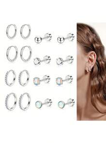DAILI 4-10 Pairs Women's Small Flat Back Stud Earrings, Hypoallergenic Stainless Steel Earring Set, Includes Hoop And Cartilage Earrings, Suitable For Multiple Piercings, Gift Box - Silver - View 13