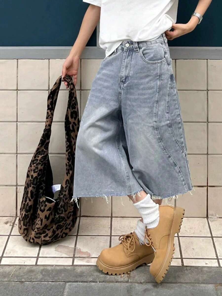 1件男士牛仔短裤，美式复古宽松街头嘻哈风毛边拼接休闲阔腿短裤（产品不含腰带和配饰） - 藍色 - 查看 1