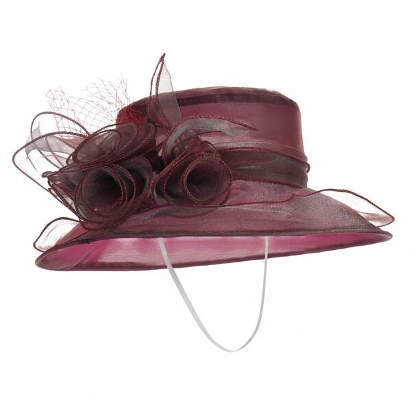 Women Organza Hat 3D Flower Wide Brim Top Hat French Sun Caps For Church Tea Party Wedding