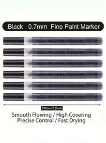 6 pièces Stylos peinture acrylique noirs, pointe fine 0,7 mm, marqueurs imperméables pour pierres, céramique, verre, canevas, tasses, métal, bois et artisanat DIY, marqueurs d'art | Stylos peinture lisses | Marqueurs imperméables, marqueurs pour peinture, fournitures de bureau, fournitures scolaires