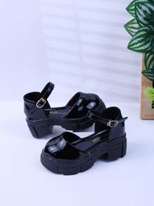 New Spring/Summer Girls High Heel Sandals Fashion Vintage Kids Closed Toe Shoes Big Children Leather Platform Shoes Black Little Girl School Shoes British Style Baby Student Flats