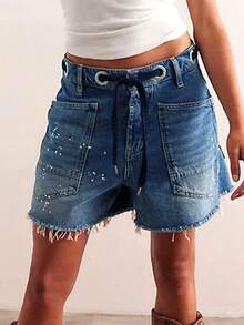 Fashion High Street Youth Vitality Rebellious Loose Straight Version Drape Slim Hot Girl Old Retro High Waist Detachable Waist Strap Design Blue Washed Denim Shorts - Blue - View 1