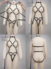 1 Pc - Women Sexy Lingerie Accessories - Full Body Bondage Harness - Solid Color PU Leather Erotic Bondage Corset - O-Ring Trim And Adjustable Harness - Ideal For Couples' Date, Special Occasions, Party, Club Performance - Black - View 5